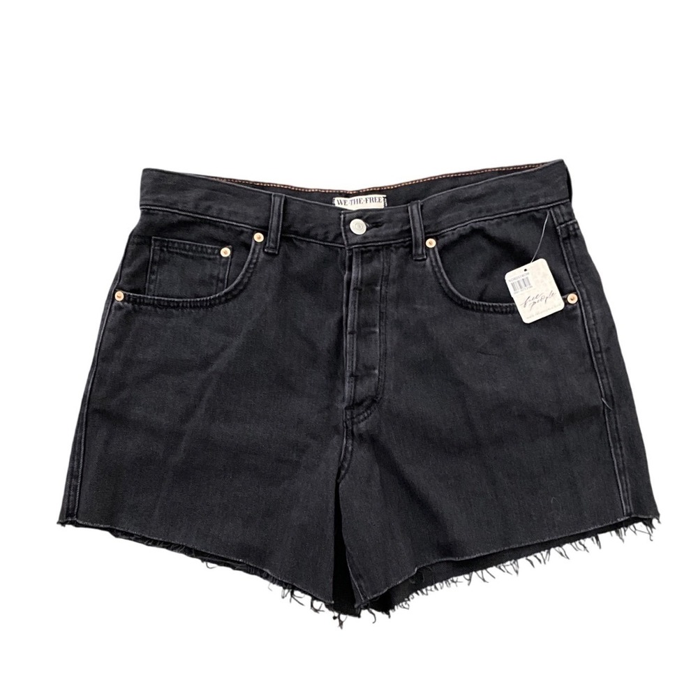 Free People We The Free Black‎ Denim Raw Hem Shorts Relaxed Mid Rise Size 31 NWT